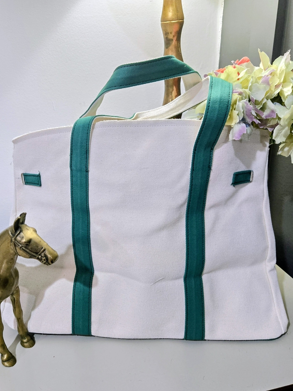 Stylish Canvas Boat Tote - Cream & Forest Green, NEW - Picture 6 of 11